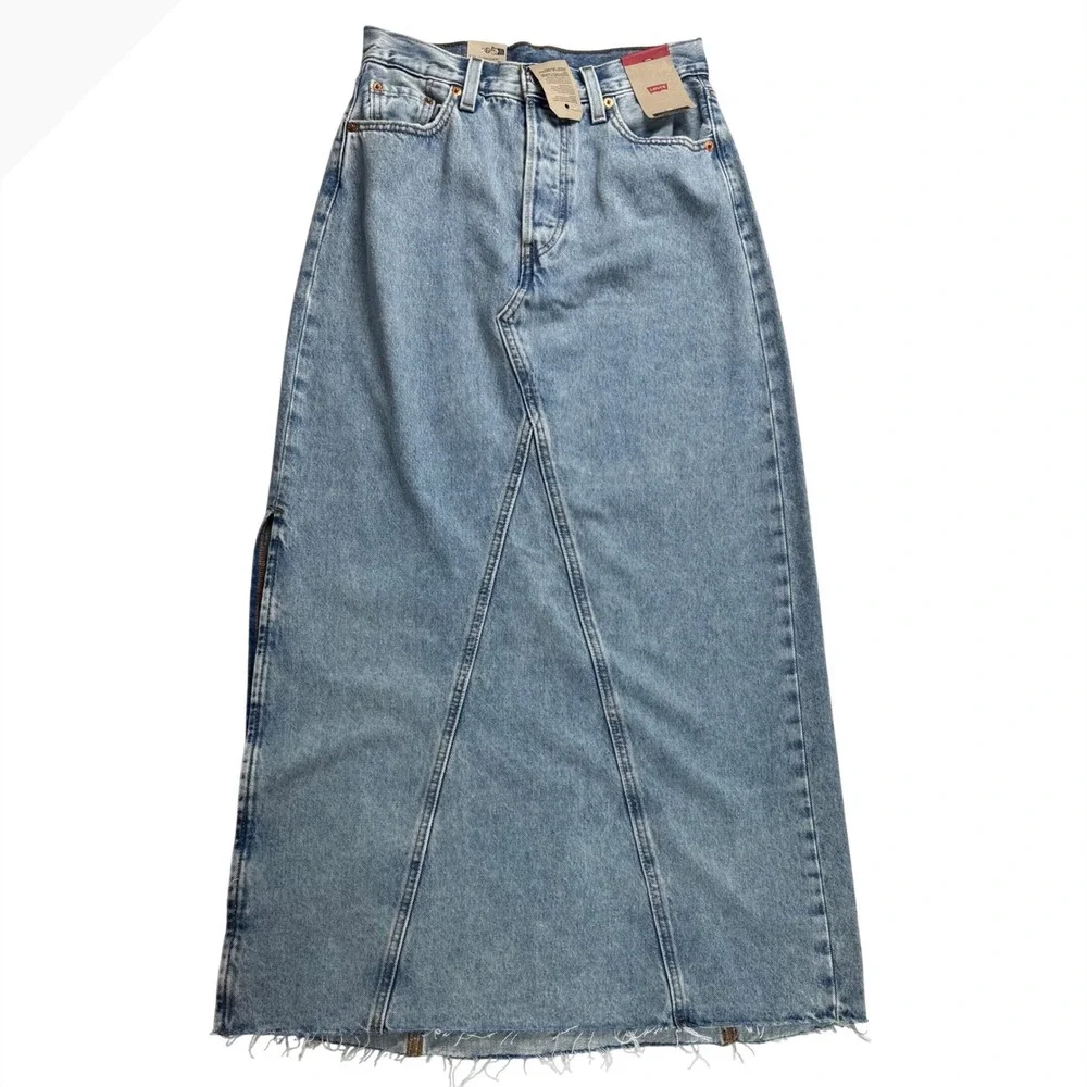 Levis Ankle Column Skirt Light‎ Wash Denim Maxi Raw Hem Womens 26
